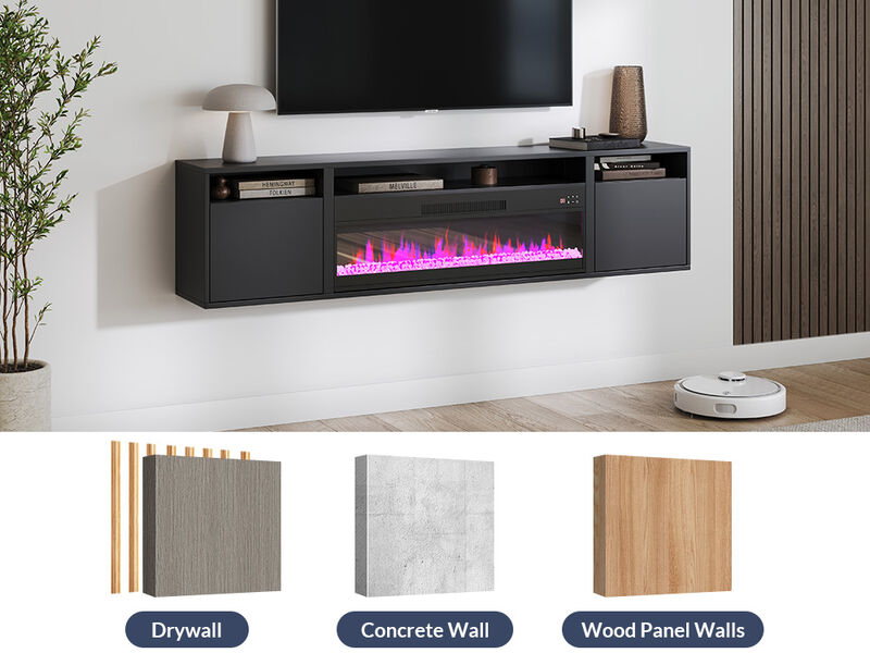 BELLEZE Floating Fireplace TV Stand Wall Mounted with 36" Electric Fireplace Heater, 70" LED Entertainment Center with Storage for TVs up to 75", Modern Media Console TV Shelf For Living Room (Black)