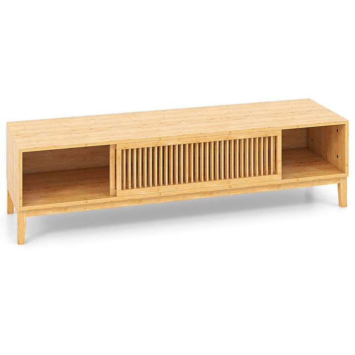 Wicker TV Stand for TVs up to 65 Inches with Sliding Slatted Doors-Natural
