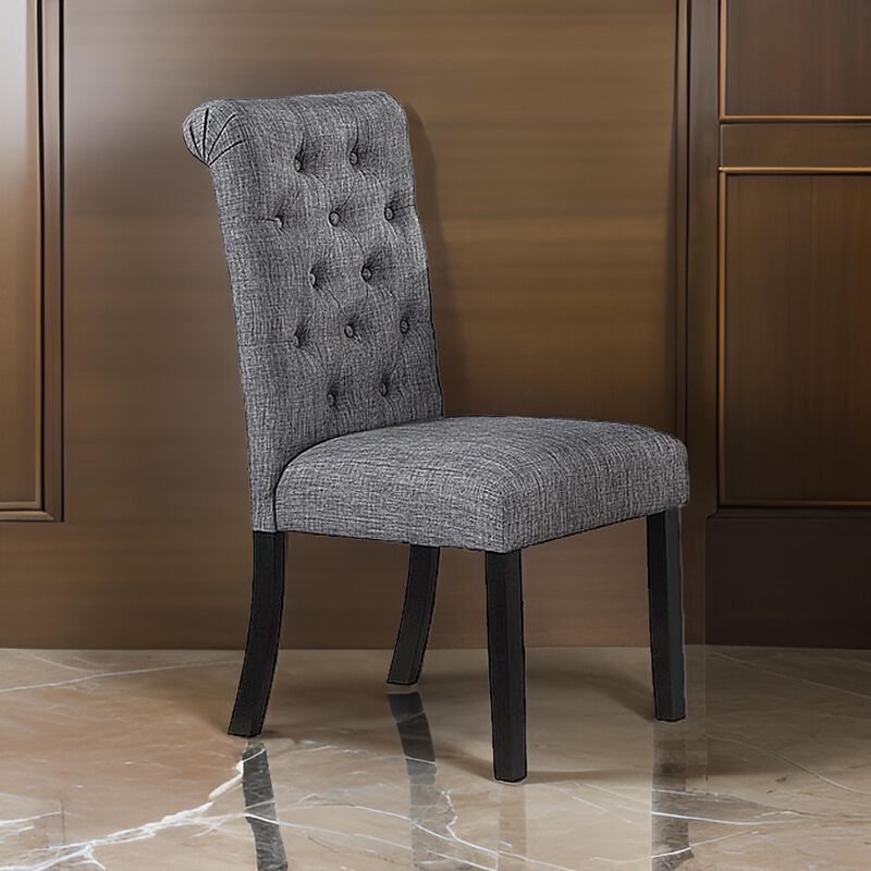 Jie 25 Inch Dining Chair, Tufted Gray Upholstery, Rolled Top, Black Wood - Benzara