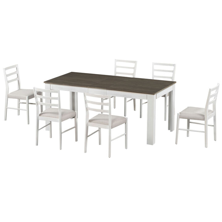 7-Piece Wooden Dining Table Set Mutifunctional Extendable Table With 12" Leaf And 2 Drawers