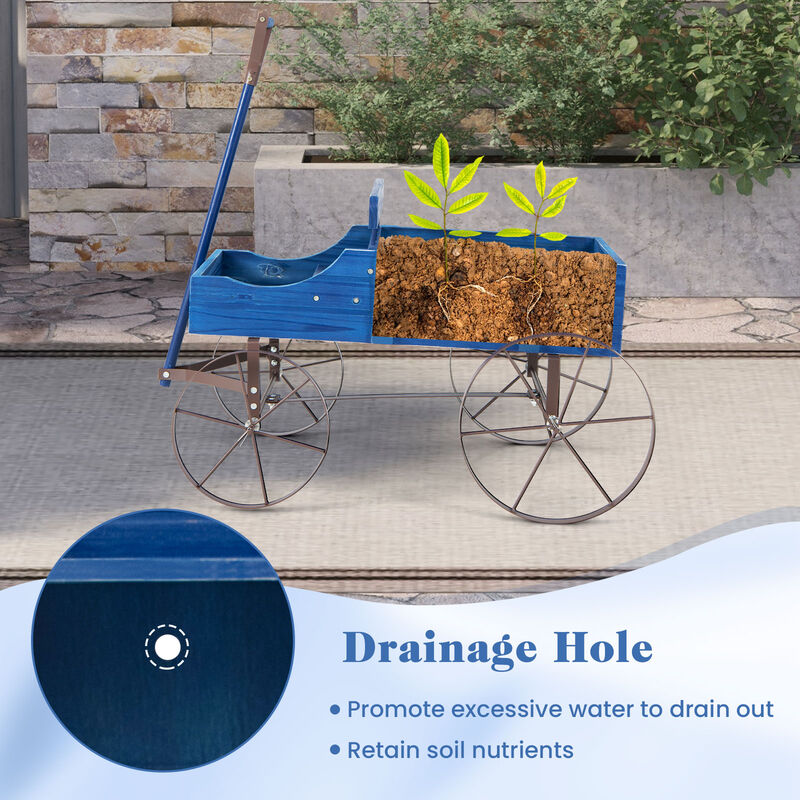 Wooden Wagon Plant Bed With Wheel for Garden Yard