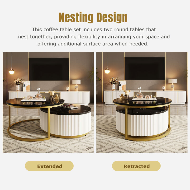 Merax Modern Round Nesting Coffee Table Fluted with Drawer