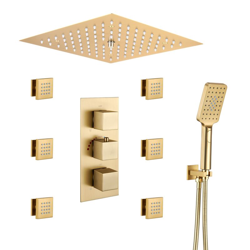 Mondawe 64 Colors LED Light 3 Functions 6 Sprays Flush Ceiling Mounted Thermostatic Shower System with 6 Body Jets and Rough-in Valve in Brushed Gold
