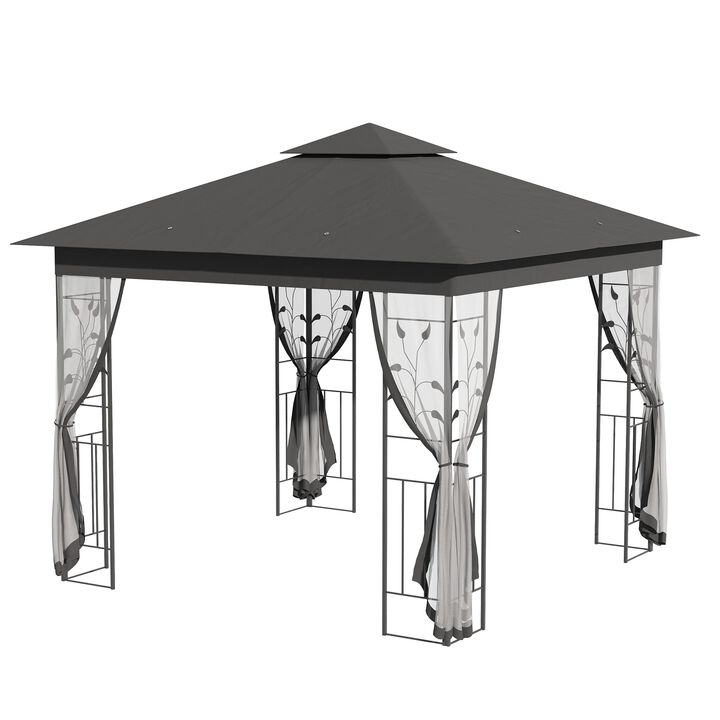 Grey Backyard Haven: 10x10 Gazebo with 2-Tier Roof and Curtains