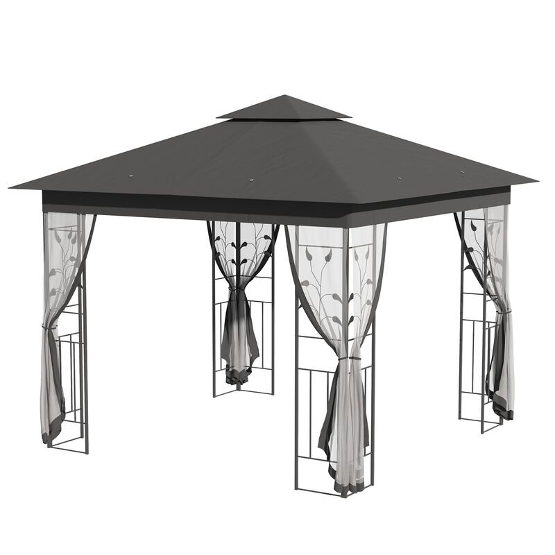 Grey Backyard Haven: 10x10 Gazebo with 2-Tier Roof and Curtains
