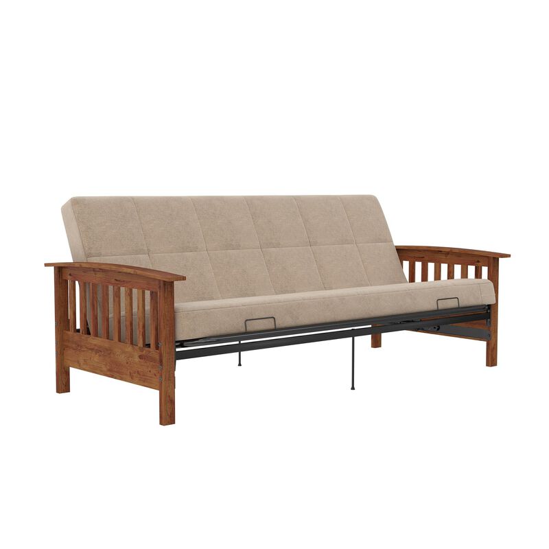 Mili Walnut Wood Arm Metal Futon Frame with 6-Inch Mattress