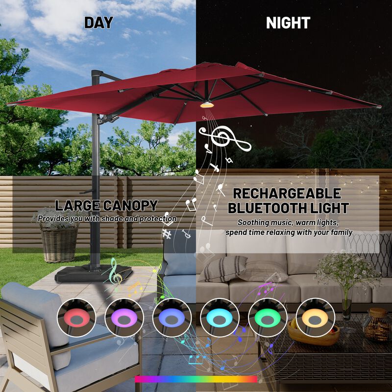 10 ft. 360° Rotation Square Cantilever Patio Umbrella with Base and BT in Red