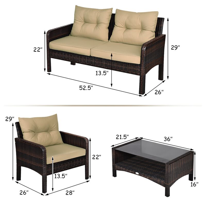 4 Pieces Outdoor Rattan Wicker Loveseat Furniture Set with Cushions