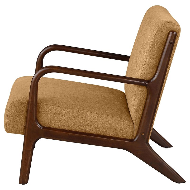 Arril Accent Chair, Soft Honey Orange Fabric Cushions, Dark Brown Wood - Benzara
