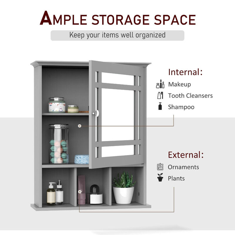 Gray Wall Organizer: Mounted Cabinet with Mirror Door and Shelves