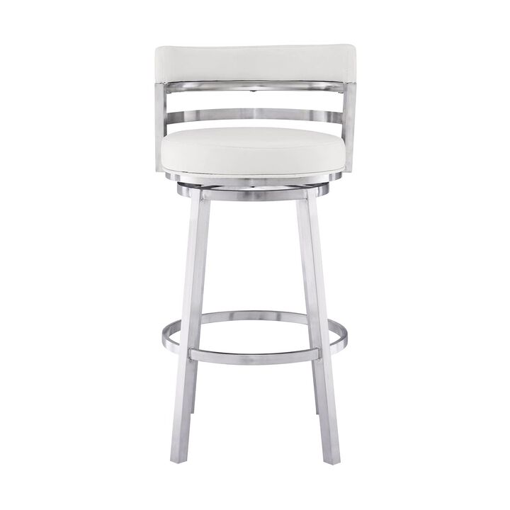 Leatherette Curved Back Counter Barstool with Swivel Mechanism, White-Benzara