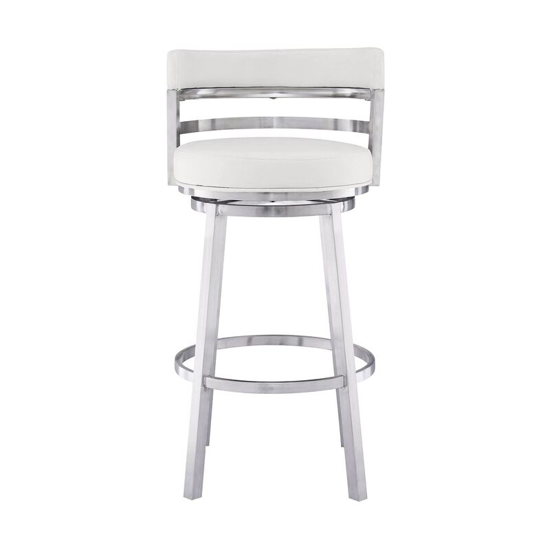 Leatherette Curved Back Counter Barstool with Swivel Mechanism, White-Benzara