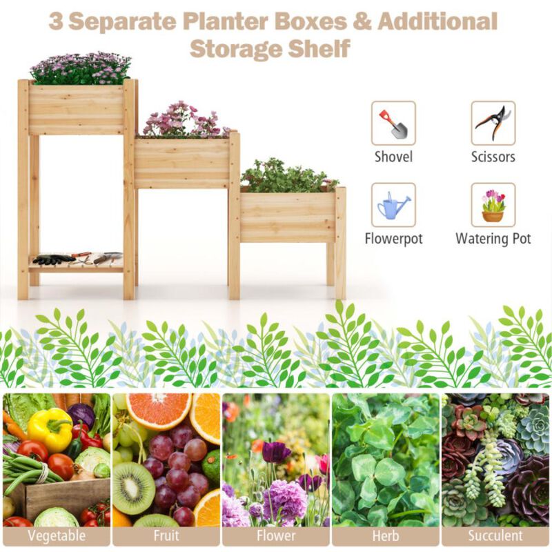 Hivvago 3-Tier Wooden Raised Garden Bed with Open Storage Shelf