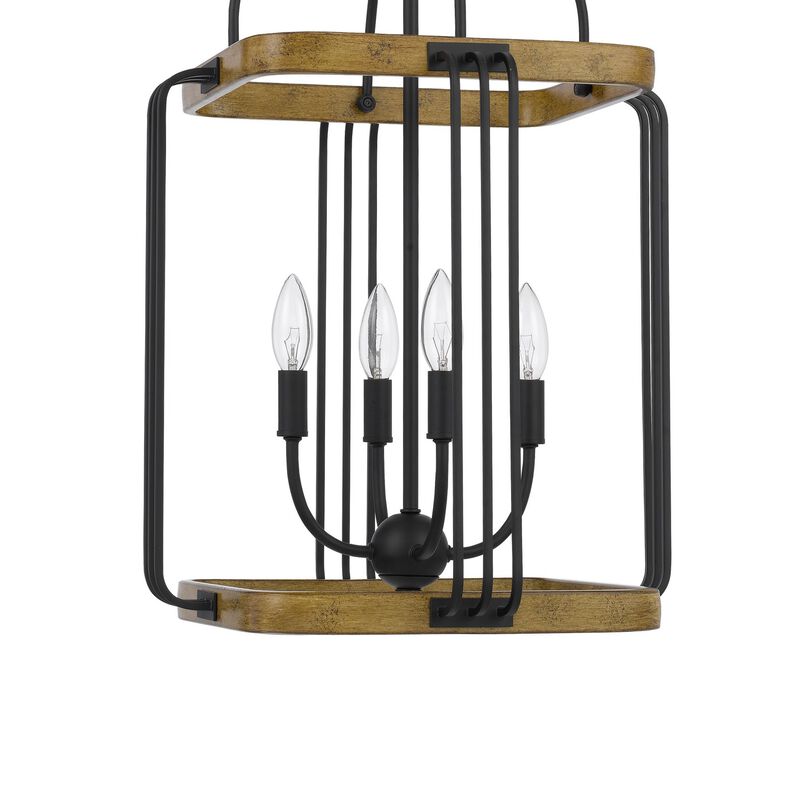 Rio 16 Inch Chandelier w Upturned Lights and Canopy, Wood, Black Metal - Benzara