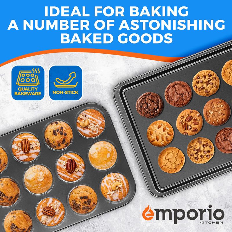 Stackable Baking Pan Set - Nonstick Gray Coating, Carbon Steel Bakeware Sets, PFOA, PFOS, PTFE Free, Recipe Booklet Included, Oven Safe Tray (Up To 450° F), Set of 10 - Gray