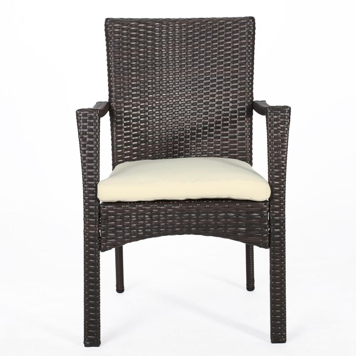 Elie Outdoor Bistro Table Set with 2 Chairs, Brown PE Rattan Wicker - Benzara
