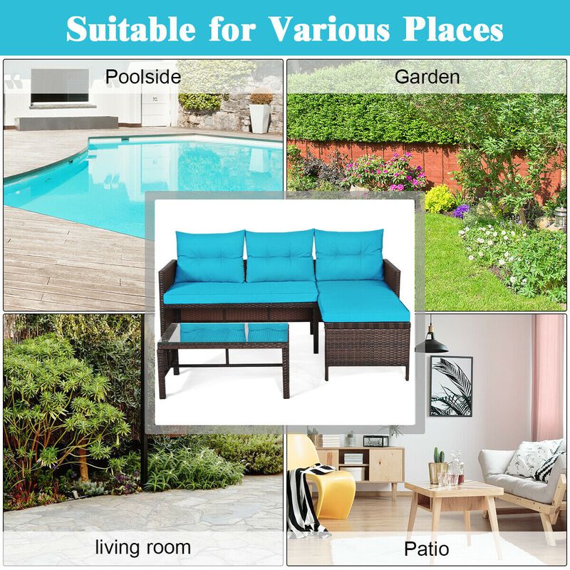 3 Pieces Outdoor Patio Corner Rattan Sofa Set-Turquoise