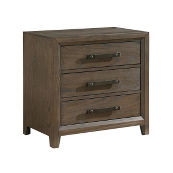 Wyn 27 Inch Nightstand, 3 Drawers, Nickel Handles, Brushed Walnut Brown - Benzara