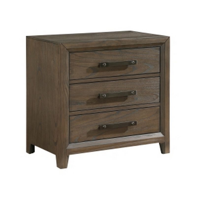Wyn 27 Inch Nightstand, 3 Drawers, Nickel Handles, Brushed Walnut Brown - Benzara