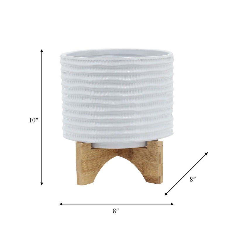 8" Textured Planter with Stand, White