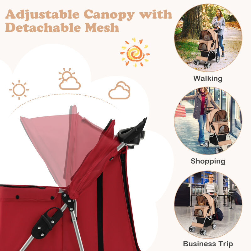 Folding Pet Stroller with Storage Basket and Adjustable Canopy-Gray