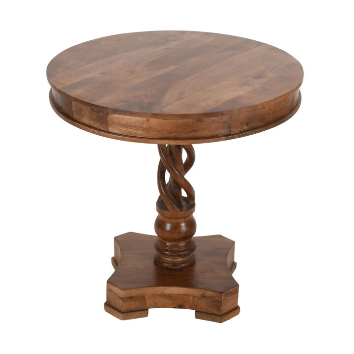 30 Inch Handcrafted Round Mango Wood Dinette, Artisanal Twisted Pedestal Base, Walnut Brown-Benzara