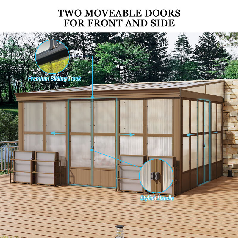 MONDAWE Lean to Sunroom 12x14FT Wall Mounted Solarium with Sloping Roof, Detachable Screens, 2 Lockable Sliding Doors