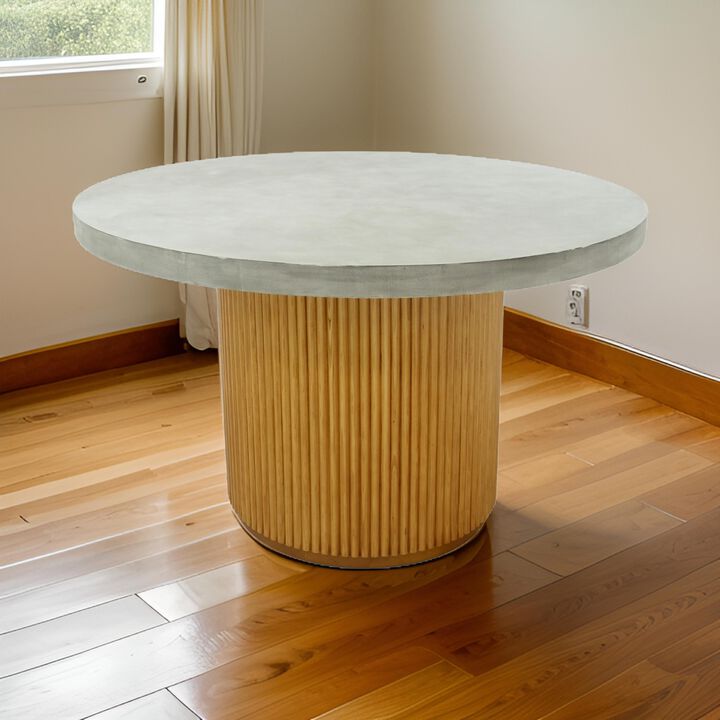 Cid Zeta 47 Inch Dining Table, Round Gray Concrete Top, Ribbed Brown Base - Benzara