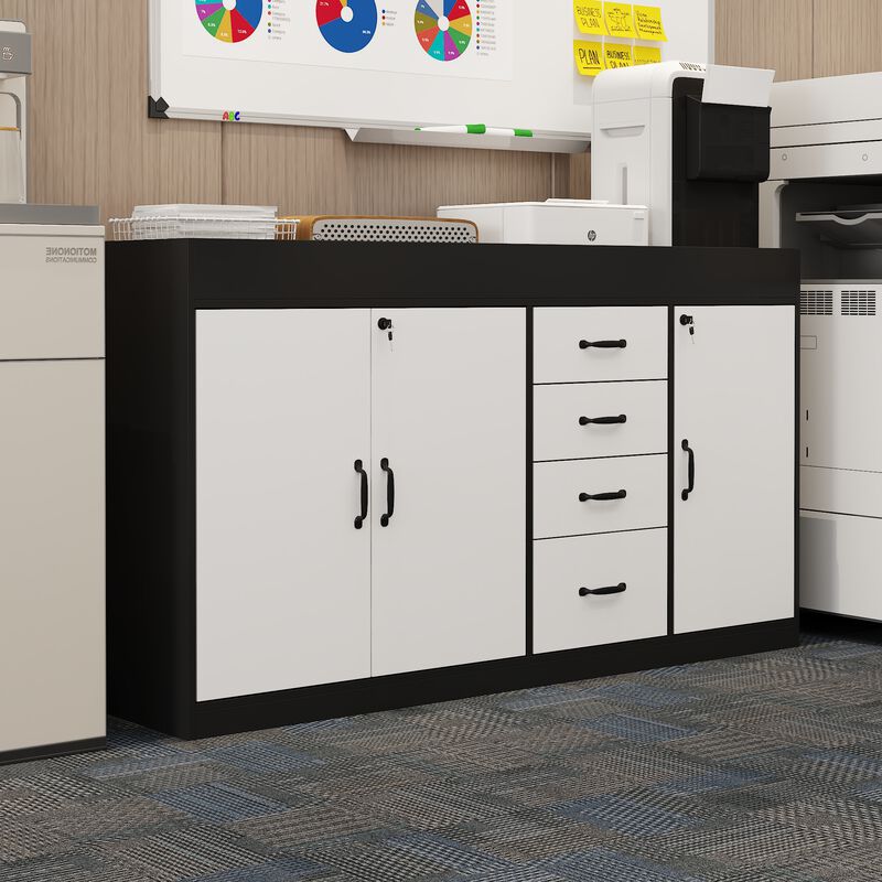 FUFU&GAGA Black and White Bookshelf with 4 Drawers and 3 Doors, Particle Board Construction with Laminate Finish (47.2" W x 31.5" H x 15.7" D), White