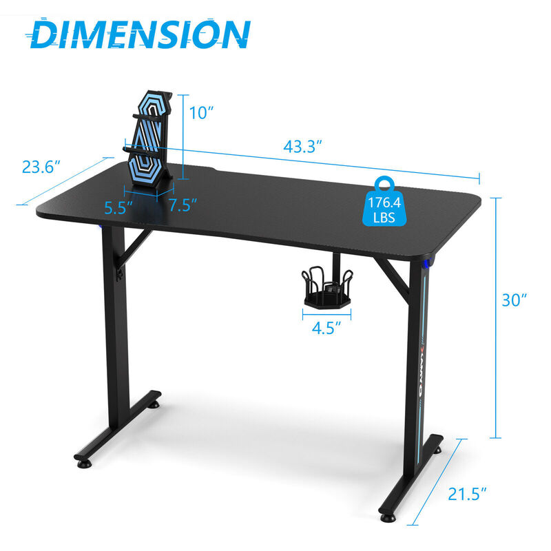 Costway Gaming Desk Home Office PC Computer Desk w/LED Lignt&Gaming Handle Rack