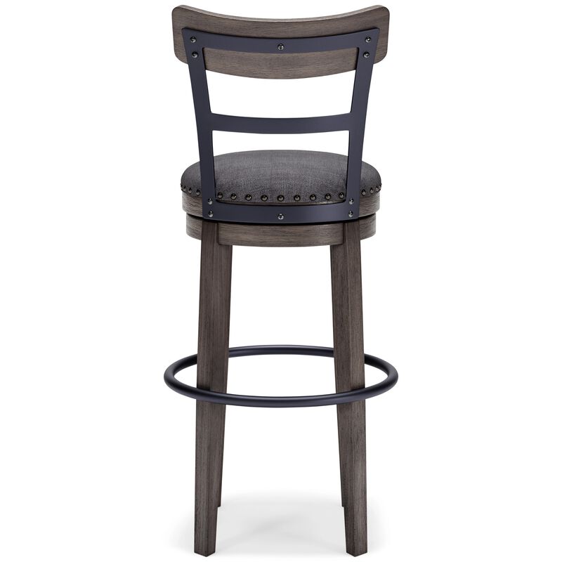 Swivel Barstool with Nailhead Trim and Curved Panel Back, Tall, Gray-Benzara