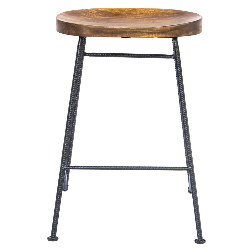 28 Inch Bar Stool with Mango Wood Saddle Seat, Iron Rod Legs, Brown and Black-Benzara