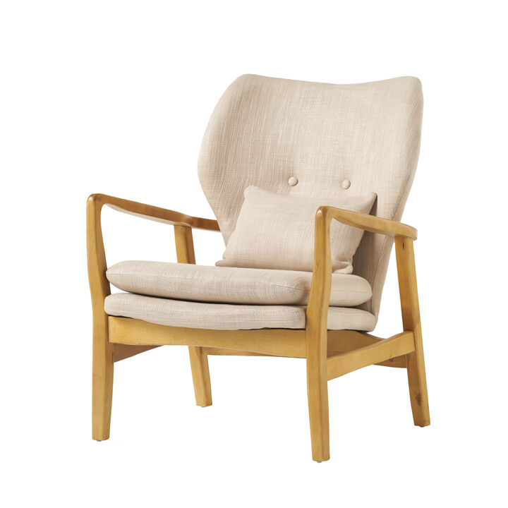 Keya Accent Chair, 1 Pillow, Beige, Button Tufted Back, Light Brown Wood - Benzara