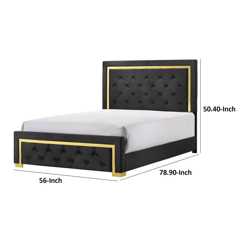 Robin Full Size Bed, Platform Base, Gold, Button Tufted Black Upholstery - Benzara