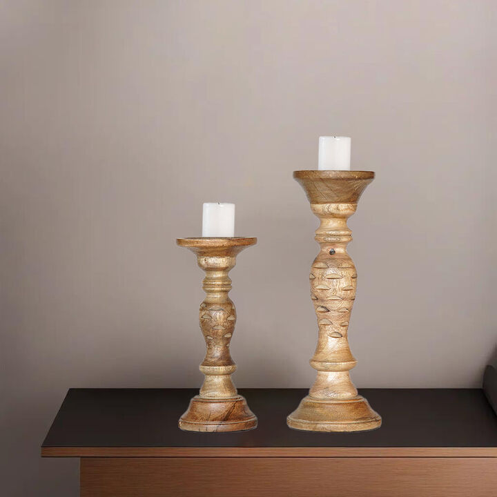 Traditional Wallnut Eco-friendly Handmade Mango Wood Set Of Two 9" & 12" Pillar Candle Holder