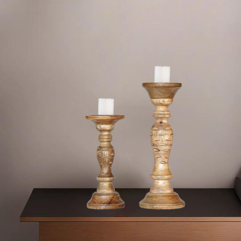 Traditional Wallnut Eco-friendly Handmade Mango Wood Set Of Two 9" & 12" Pillar Candle Holder