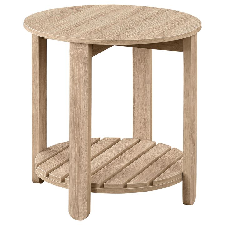 Fowl Round Side End Table, Slatted Lower Shelf, 22 Inch Natural Brown - Benzara