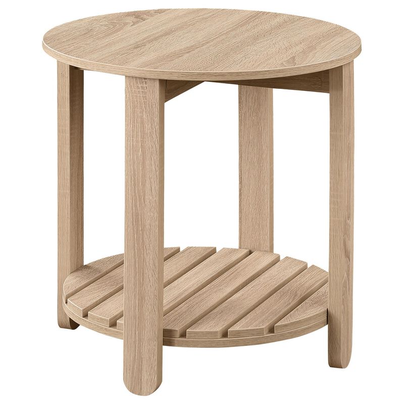 Fowl Round Side End Table, Slatted Lower Shelf, 22 Inch Natural Brown - Benzara