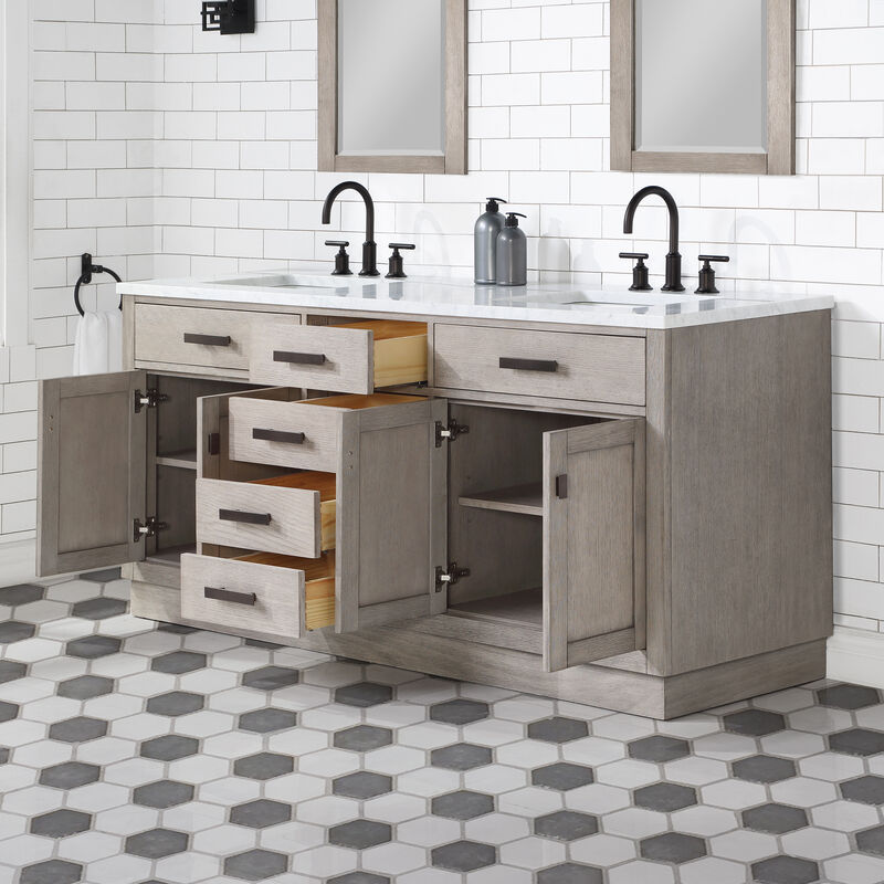 Chestnut 72 In. Double Sink Carrara White Marble Countertop Bath Vanity In Grey Oak with Oil Rubbed Bronze Hardware