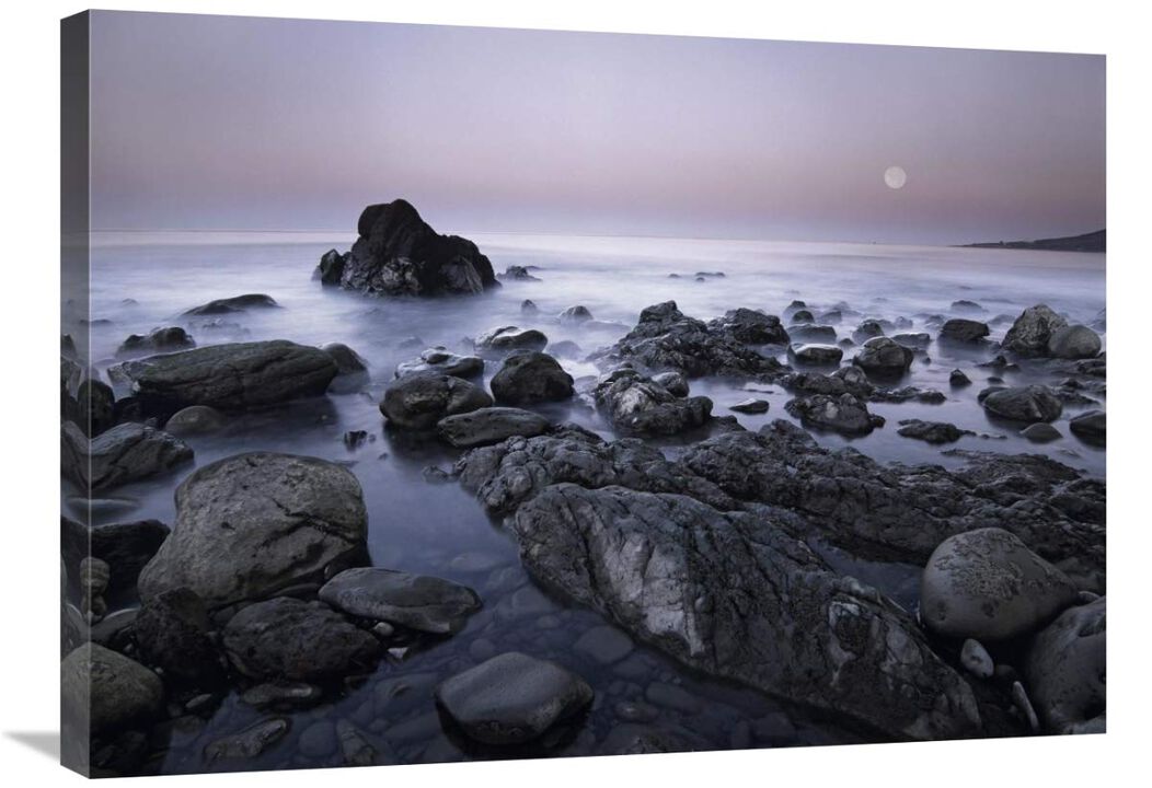 Full moon over boulders at El Pescador State Beach, Malibu, California-Canvas Art-32x24