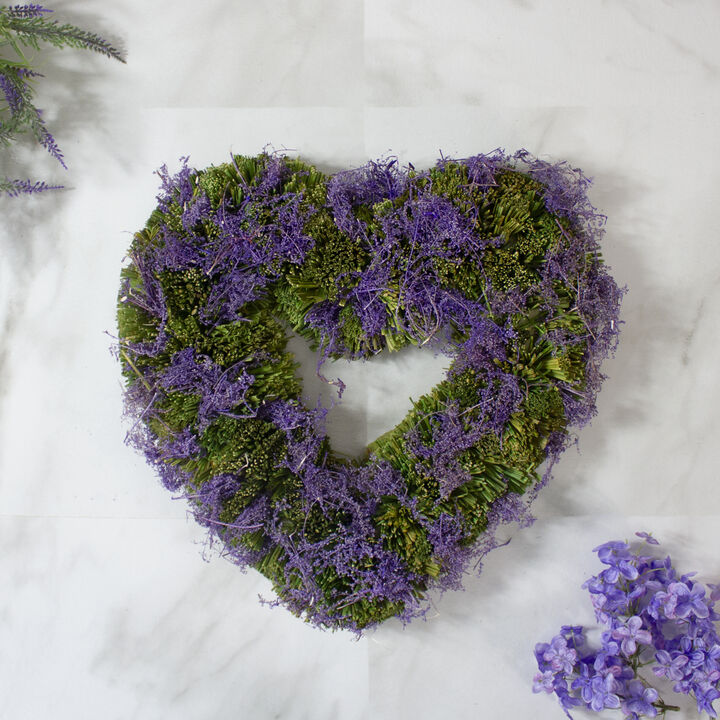 14.5" Purple Moss and Green Twig Valentine's Day Heart Wreath - Unlit
