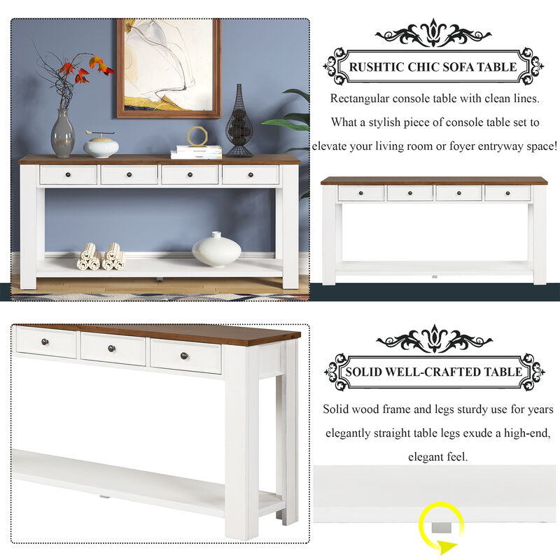 Gewnee Solid Pine Wood Console Table Entryway table with Drawers and Shelves, White