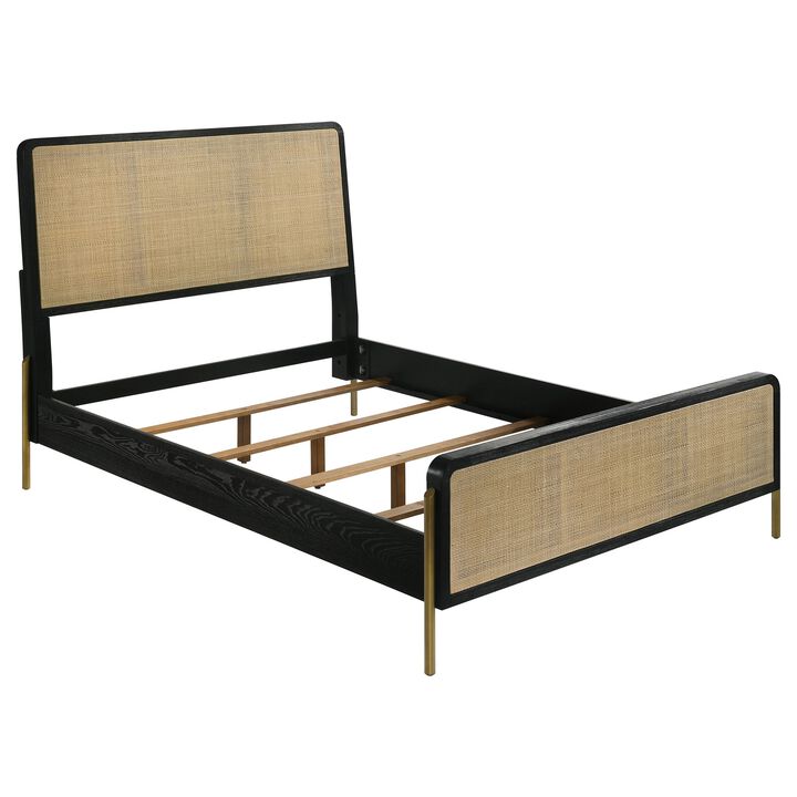 Fij Queen Size Bed, Natural Rattan Woven Panel Headboard, Gold Legs, Black - Benzara