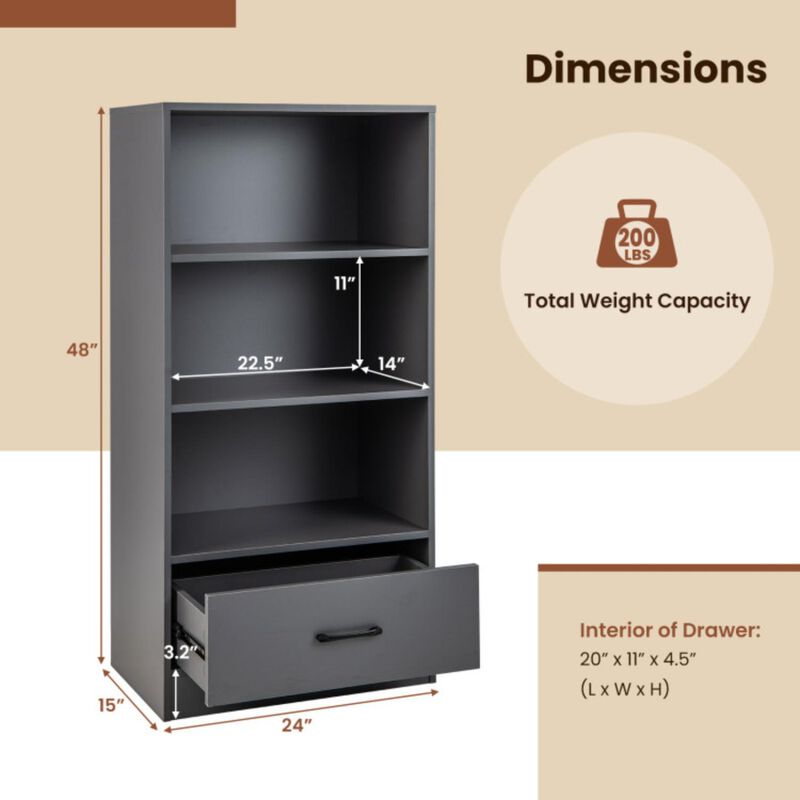 Hivvago 4-Tier Storage Bookcase with Open Shelves Drawer and Anti-toppling Device