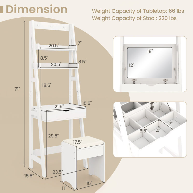Vanity Desk Set with Flip Top Mirror  Hidden Storage Compartments and Cushioned Stool