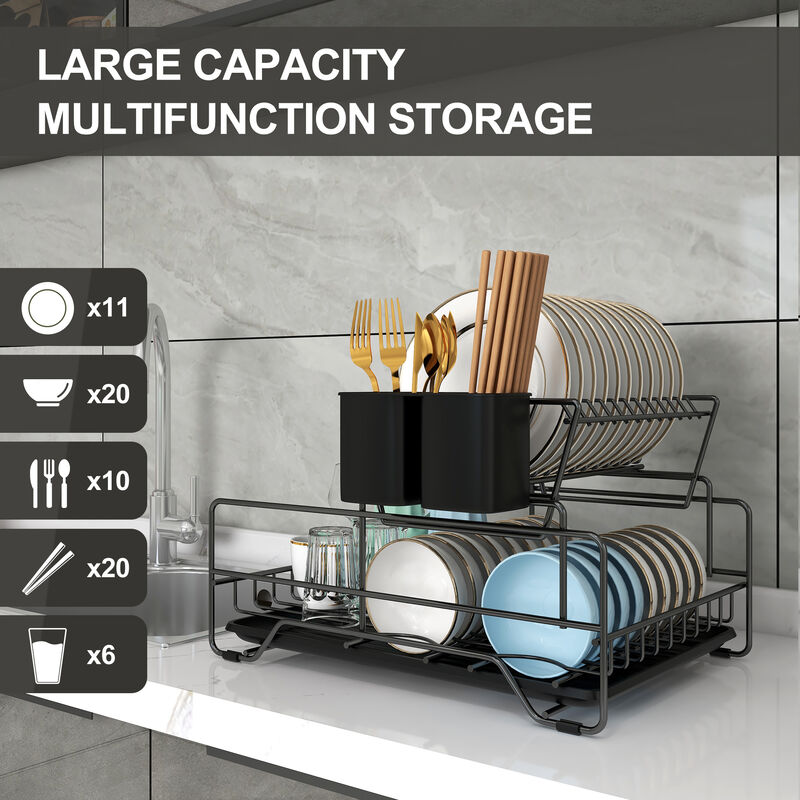 Dish Drying Rack, Metel 2-Tier Dish Rack Utensil Holder Kitchen Black