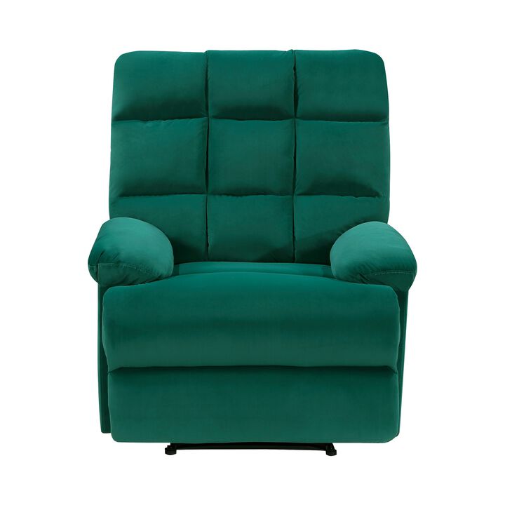 Patty 36 Inch Manual Recliner Chair, Cushioned, Green Velvet, Solid Wood - Benzara