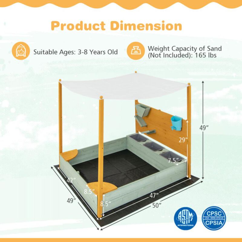 Hivvago Kids Sandbox with Sand Wall w/ Removable Canopy for Kids 3-8 Years Old