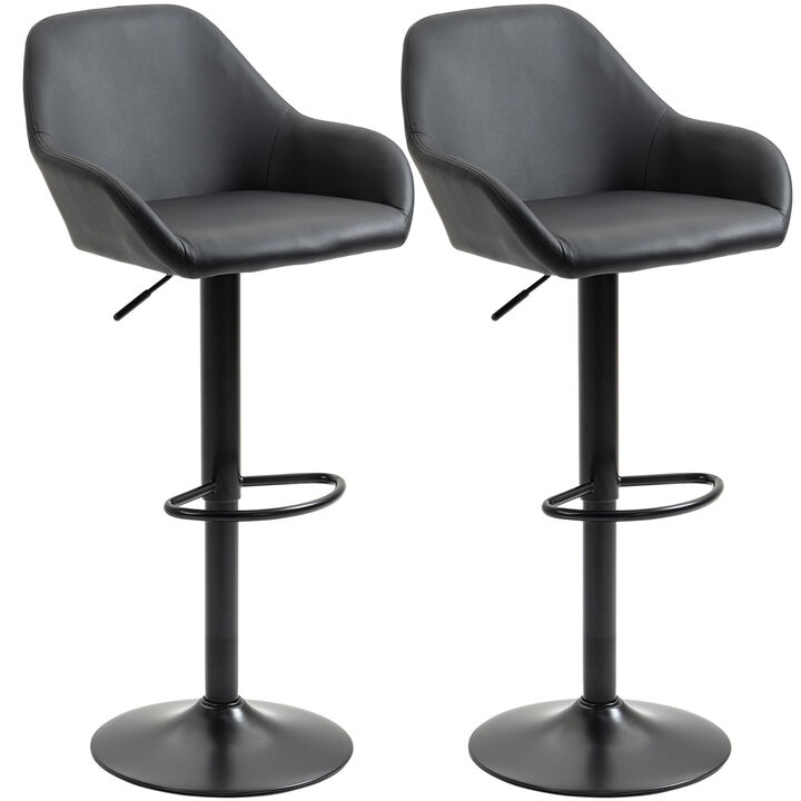 HOMCOM Adjustable Bar Stools, Swivel Counter Height Barstools with Footrest and Back, PU Leather and Steel Round Base, for Kitchen Counter and Dining Room, Set of 2, Black