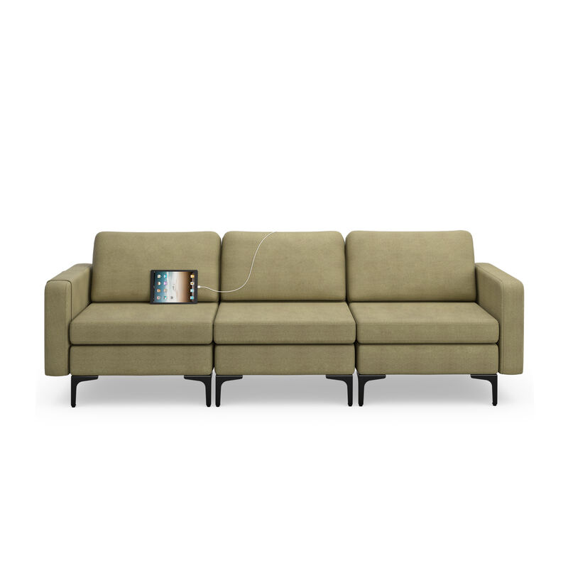 Convertible 3-Seat Sofa Couch with Magazine Pockets and 2 USB Ports for Modern Living Room